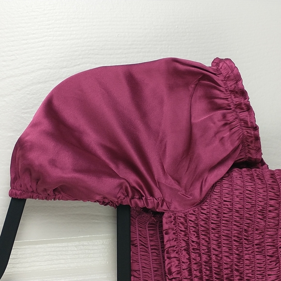 NEW Sabrina Square Neck Satin Smocked Puff Sleeve Crop Top Ruffle Trim Womens XS - Picture 7 of 11